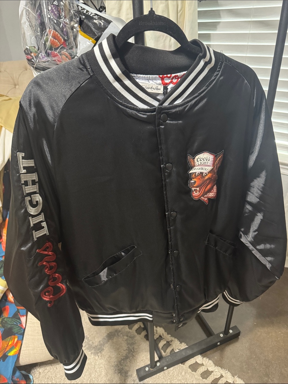 The Laundry Room Black Satin Varsity Bomber Jacket with Red & White Accents